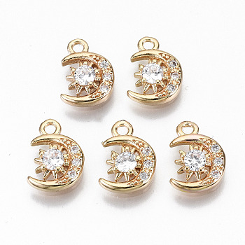 Brass Micro Pave Cubic Zirconia Charms, Light Gold, Long-Lasting Plated, Cadmium Free & Lead Free, Moon & Star, Clear, 10.5x7.5x2mm, Hole: 1.2mm