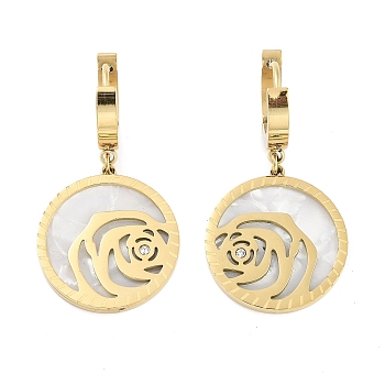 Flat Round with Rose 304 Stainless Steel Shell Dangle Earrings, Rhinestone Hoop Earrings for Women, Real 18K Gold Plated, 36x20mm