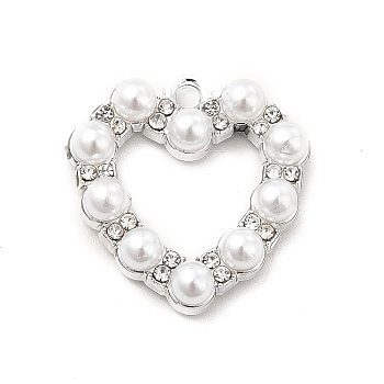 Alloy Crystal Rhinestone Pendants, with ABS Plastic Imitation Pearl Beads, Heart Charms, Platinum, 20x19.5x4.5mm, Hole: 1.8mm