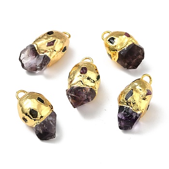 Natural Amethyst Pendants, with Golden Tone Brass Findings, Lead Free & Cadmium Free, Nuggets, 29~35x16~17.5x14.5~17mm, Hole: 2.5x4.5mm