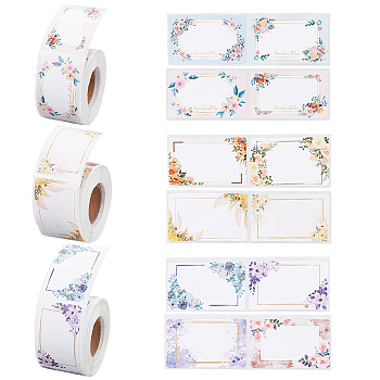 3 Rolls 3 Styles Rectangle Paper Adhesive Name Tag Blank Stickers, Floral Writable Name Decals, Mixed Color, 54x34mm, Sticker: 5x3mm, 500pcs/roll, 1 roll/style