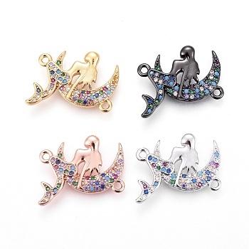 Brass Micro Pave Cubic Zirconia Links, Mermaid, Colorful, Mixed Color, 21x21x3mm, Hole: 1.4mm