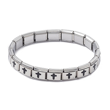Tile Bracelet, 304 Stainless Steel Rectangle Beaded Stretch Bracelet for Women, Stainless Steel Color, Cross Pattern, Inner Diameter: 2 inch(5.2cm)