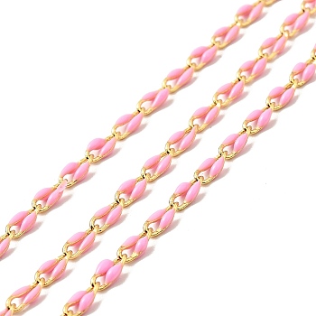 Brass Enamel Curb Chains, Soldered, with Spools, Real 18K Gold Plated, Pink, 7x3x1.7mm