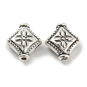 Tibetan Style Alloy Beads, Lead Free & Cadmium Free, Rhombus with Flower, Antique Silver, 10x9x4mm, Hole: 1mm, about 1136pcs/1000g