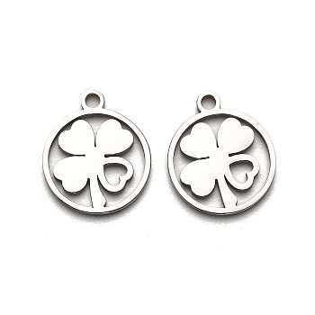 316 Surgical Stainless Steel Charms, Laser Cut, Ring with Clover Charm, Stainless Steel Color, 15x12.5x1mm, Hole: 1.6mm