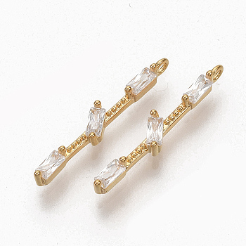 Brass Clear Cubic Zirconia Pendants, Nickel Free, Bar, Real 18K Gold Plated, 18x2.5x2.5mm, Hole: 1mm