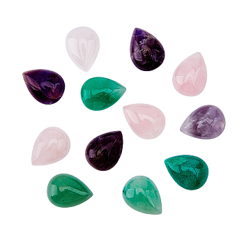 12Pcs 3 Styles Natural Mixed Stone Cabochons, Natural Amethyst & Rose Quartz & Green Aventurine,Teardrop, 18x13x6mm