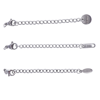 30Pcs Stainless Steel Chain Extender, with Lobster Claw Clasps & Curb Chains, Stainless Steel Color, 70~74x3mm