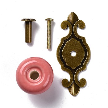 Round-shaped Porcelain Cabinet Door Knobs, Kitchen Drawer Pulls Cabinet Handles, with Screw & Zinc Alloy Finding, Light Coral, 73x29.5x2mm