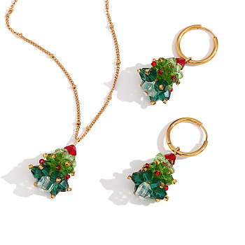304 Stainless Steel Enamel with Glass Pendant Necklaces & Hoop Earrings Sets, Christmas Tree, Golden, Necklace: 15.75 inch(40cm)