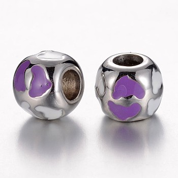 304 Stainless Steel Enamel European Beads, Rondelle with Heart, Stainless Steel Color, Dark Orchid, 11x9.5mm, Hole: 4.5mm