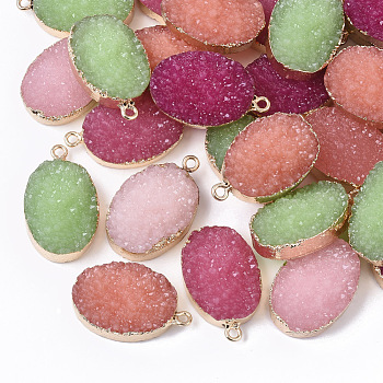 Druzy Resin Pendants, with Edge Light Gold Plated Iron Loops, Oval, Mixed Color, 28~29x17x9~10mm, Hole: 1.8mm