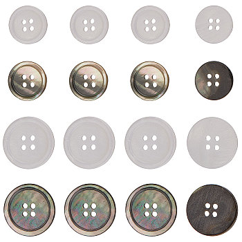 24Pcs 4 Style Natural Black Lip Shell & Shell Buttons, 4-Hole, Flat Round, Mixed Color, 15~20x2mm, Hole: 1.5~2mm, 6pcs/style