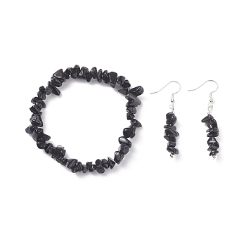 Natural Obsidian Chips Beaded Jewelry Set, Gemstone Stretch Bracelets & Dangle Earrings for Women, Platinum, 35mm, Pin: 0.5mm, Inner Diameter: 2-1/8 inch(55mm)