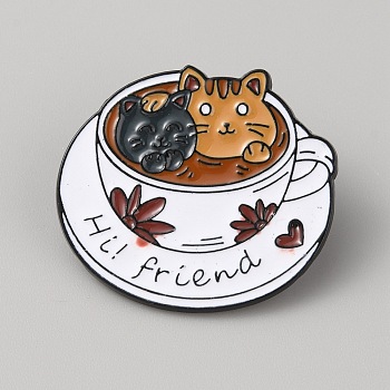Cat with Coffee Cup Enamel Pin, Electrophoresis Black Alloy Cartoon Animal Badge for Backpack Clothes, White, 29x33x1.4mm