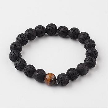 Natural Lava Rock Beaded Stretch Bracelets, with Tiger Eye Beads, 54mm