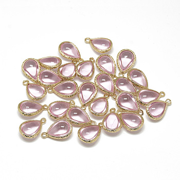 Glass Pendants, with Golden Tone Brass Findings, teardrop, Pink, 22x14x8mm, Hole: 1.5mm