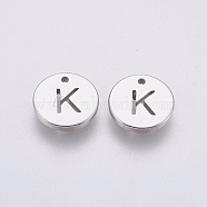 304 Stainless Steel Charms,  Flat Round with Letter, Stainless Steel Color, Letter.K, 10x1mm, Hole: 1mm(STAS-P212-15P-17)