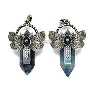 Natural Fluorite Faceted Pointed Bullet Big Pendants, Rack Plating Antique Silver Plated Alloy Butterfly Charms, Cadmium Free & Lead Free, 54x33.5x18.5~19mm, Hole: 6.5x7.5mm(G-Q165-01AS-05)