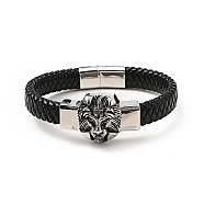 304 Stainless Steel Lion Beaded Bracelet, PU Imitation Leather Braided Gothic Bracelet for Men Women, Antique Silver, 8-3/4 inch(22.1cm)(BJEW-E009-07AS)