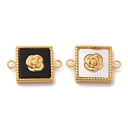 Vacuum Plating 304 Stainless Steel Connector Charms, with Black Acrylic & Shell, Square Links with Rose, Golden, 10.5x15.5x3mm, Hole: 1.5mm(STAS-A079-05G)