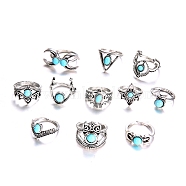 11Pcs 11 Style Synthetic Turquoise Finger Rings Set, Triangle & Moon & Crown & Eagle Alloy Stackable Rings for Women, Antique Silver, US Size 7 3/4(17.9mm), 1Pc/style(AJEW-PW0005-04AS)