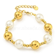 304 Stainless Steel & 201 Stainless Steel & Plastic Pearl Round Beaded Bracelets for Women, Golden, 7-1/8 inch(18.2cm)(BJEW-G717-02B-G)