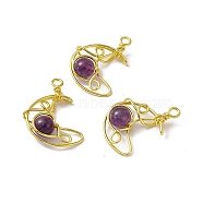 Natural Amethyst Pendants, Moon Charms, with Rack Plating Golden Tone Brass Findings, Cadmium Free & Lead Free, 31.5~33x22x8.5mm, Hole: 2.5~3mm(G-H281-41G-01)