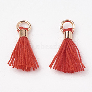 Polycotton(Polyester Cotton) Tassel Pendant Decorations, Mini Tassel, with Brass Findings, Light Gold, Red, 10~15x3~4mm, Hole: 2mm(FIND-S275-21G)