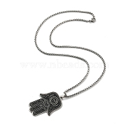 304 Stainless Steel Enamel Hamsa Hand Pendant Necklaces, Box Chains Necklaces for Women Men, Black, 19.49~19.88 inch(49.5~50.5cm)(NJEW-G115-07P-02)