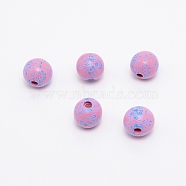 Printed Natural Wood Beads, Round with Blue Flower Pattern, Pearl Pink, 15~16mm, Hole: 3.6~4.2mm(WOOD-TAC0007-60F)