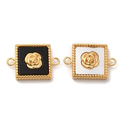 Vacuum Plating 304 Stainless Steel Connector Charms, with Black Acrylic & Shell, Square Links with Rose, Golden, 10.5x15.5x3mm, Hole: 1.5mm(STAS-A079-05G)