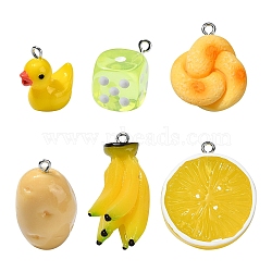 30Pcs 6 Styles Resin Pendants, Duck & Dice & Banana Charms with Platinum Tone Iron Loops, Mixed Shapes, Yellow, 19~34x12~20.5x5.5~19mm, Hole: 1.6~2mm, 5pcs/style(RESI-YW0001-71)