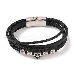 Braided Microfiber Leather Multi-strand Bracelets, Viking 304 Stainless Steel Skull Bracelets for Men, Antique Silver & Stainless Steel Color, 8-1/2x1 inch(21.5x2.6cm)(BJEW-B096-08D)