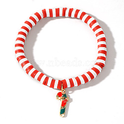 Elegant Christmas Handmade Polymer Clay Heishi Beaded Stretch Bracelets, Enamel Charm Bracelets for Women, Candy Cane, 6-7/8 inch(17.5cm)(MV9996-20)