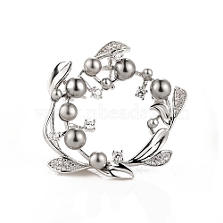 Imitation Pearl Brass Flower Garland Brooch, with Glass Rhinestone, Platinum, 38x38mm(PW-WG69126-01)