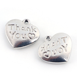 Non-Tarnish 201 Stainless Steel Heart Charms, with Words Thank You, Stainless Steel Color, 14x15x3.5mm, Hole: 1.5mm(STAS-Q192-18)