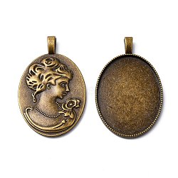 Tibetan Style Alloy Pendant Cabochon Settings, Oval with Woman Portrait on the Reverse Side, Cadmium Free & Nickel Free & Lead Free, Antique Bronze, Tray: 40x29mm, 51x32x6mm, Hole: 6x3mm(X-TIBEP-5342-AB-FF)