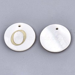 Natural Freshwater Shell Pendants, with Golden Plated Brass Etched Metal Embellishments, Flat Round with Letter, Letter.O, 15x2mm, Hole: 1.2mm(X-SHEL-N027-04O)