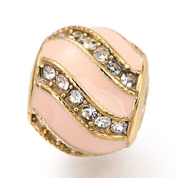 Ion Plating(IP) 304 Stainless Steel European Beads, with Enamel and Rhinestone, Large Hole Beads, Round, Golden, Pink, 10x9mm, Hole: 4.5mm(OPDL-L013-33G)