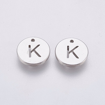 304 Stainless Steel Charms,  Flat Round with Letter, Stainless Steel Color, Letter.K, 10x1mm, Hole: 1mm