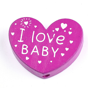 Natural Wood Beads, Dyed, Heart with Word I Love Baby, For Valentine's Day, Magenta, 23x29x7mm, Hole: 2.5mm
