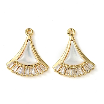 Brass Micro Pave Clear Cubic Zirconia Pendants, with Shell, Fan Shaped, Real 18K Gold Plated, 17.5x15x3mm, Hole: 1mm