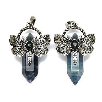 Natural Fluorite Faceted Pointed Bullet Big Pendants, Rack Plating Antique Silver Plated Alloy Butterfly Charms, Cadmium Free & Lead Free, 54x33.5x18.5~19mm, Hole: 6.5x7.5mm