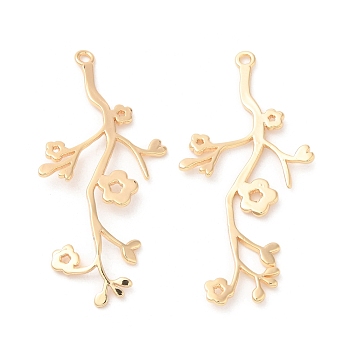 Brass Pendants, Branch with Flower Charm, Real 18K Gold Plated, 38x18x1mm, Hole: 1.4mm