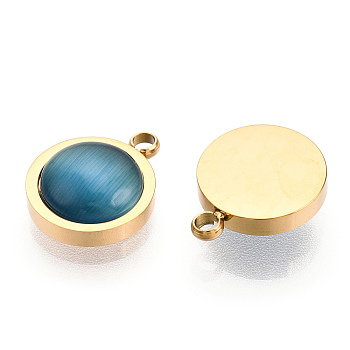 304 Stainless Steel Pendants, Manual Polishing, with Cat Eye, Flat Round Charm, Real 14K Gold Plated, 12x10x4mm, Hole: 1.6mm