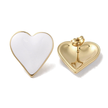 Heart 304 Stainless Steel Enamel Stud Earrings for Women, Real 18K Gold Plated, White, 21x20.5mm