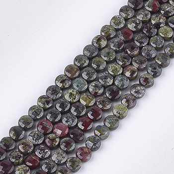 Natural Dragon Blood Beads Strands, Faceted, Flat Round, 4~4.5x2.5~3mm, Hole: 0.8mm, about 88~89pcs/strand, 14.9 inch~15.1 inch