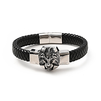 304 Stainless Steel Lion Beaded Bracelet, PU Imitation Leather Braided Gothic Bracelet for Men Women, Antique Silver, 8-3/4 inch(22.1cm)
